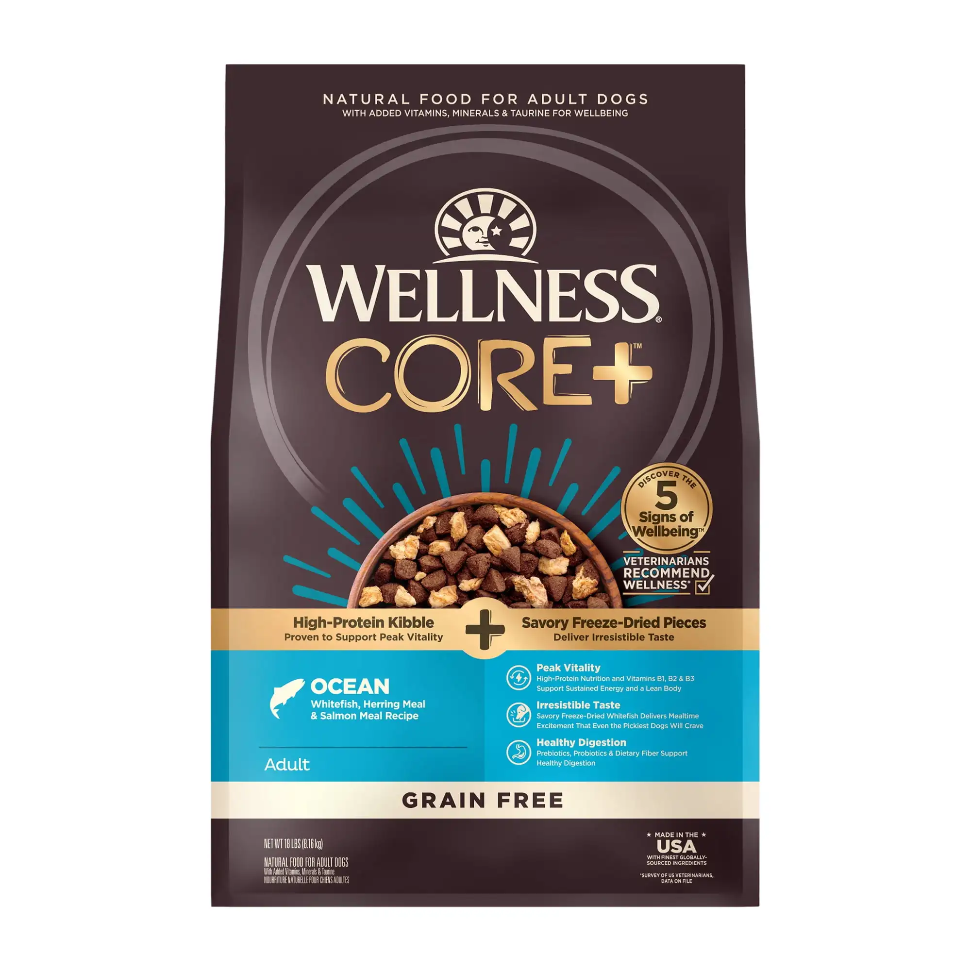 

Wellness Core+ Grain Free Ocean Whitefish, Herring Meal & Salmon Meal Recipe, 18 Pound Bag