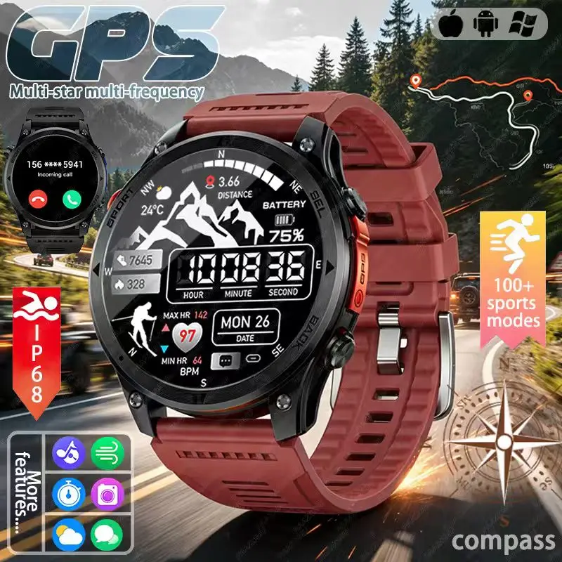 2026 New Men's Sports Smartwatch with GPS Tracking Compass 100+ Sports Modes Wireless Call Intelligent Reminder Outdoor Fitness
