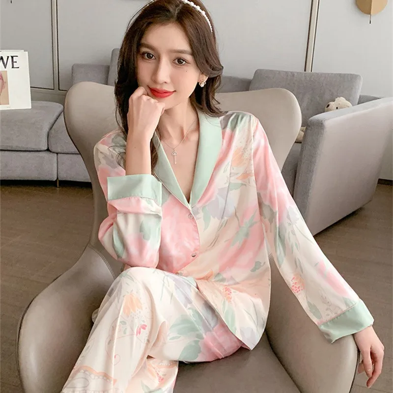 New Two-Piece Pajamas Female Spring And Autumn Summer Maternity Ice Silk Home Wear Monthly Clothing Breastfeeding Pajamas