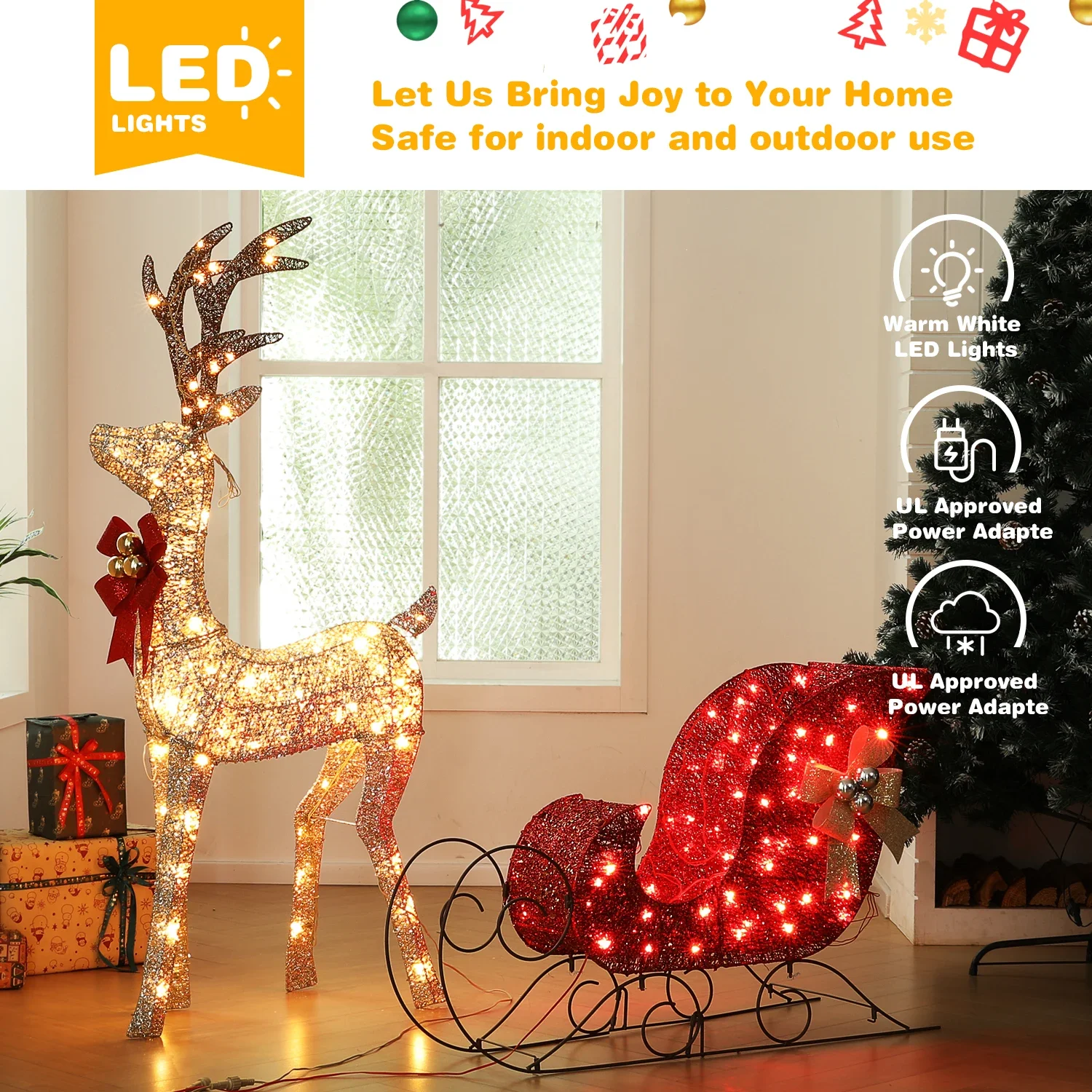 Large Lighted Christmas Deer Family Set Pre-lit for Indoor Outdoor Front Yard Porch Holiday Decoration with LED Lights  PVC Gold