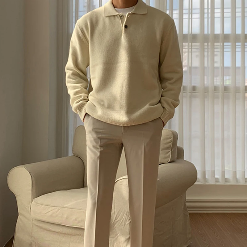 

2025 Fall Winter Outdoor Fashion Solid Color Knitted Jumper Tops Mens Trendy Button Lapel Sweaters Casual Sweater Polo Shirt Men