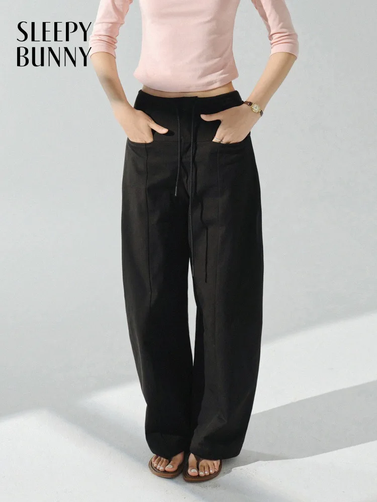 Elegant Black Drawstring Pants High Waist Relaxed Trousers Loose Pleated Wide Leg Casual Slit Hem Pants for Women Autumn Outfits