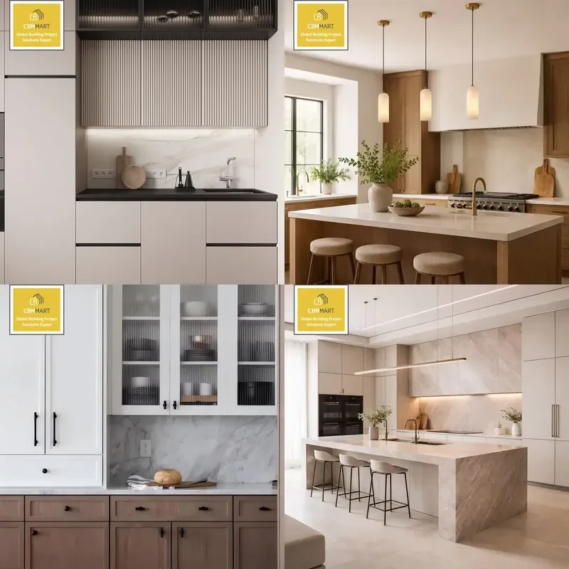 Modular Modern Minimalist Kitchen Cabinets with Marble Countertops and Faucets Lacquered Grooved Wall Design