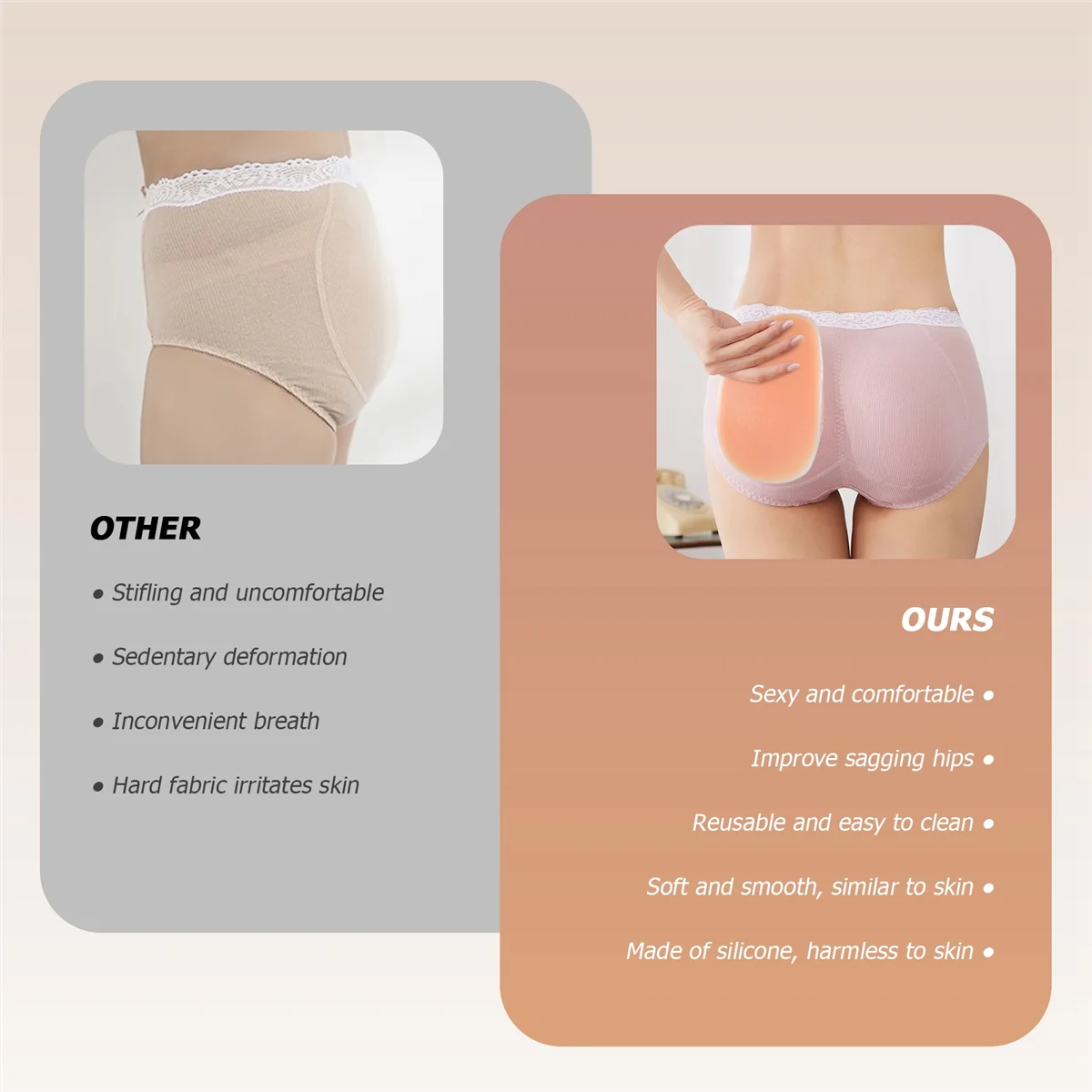 Coussinets rehausseur de fesses pour femmes, coussinets de hanche en silicone, rehausseur de fesses sexy, beige