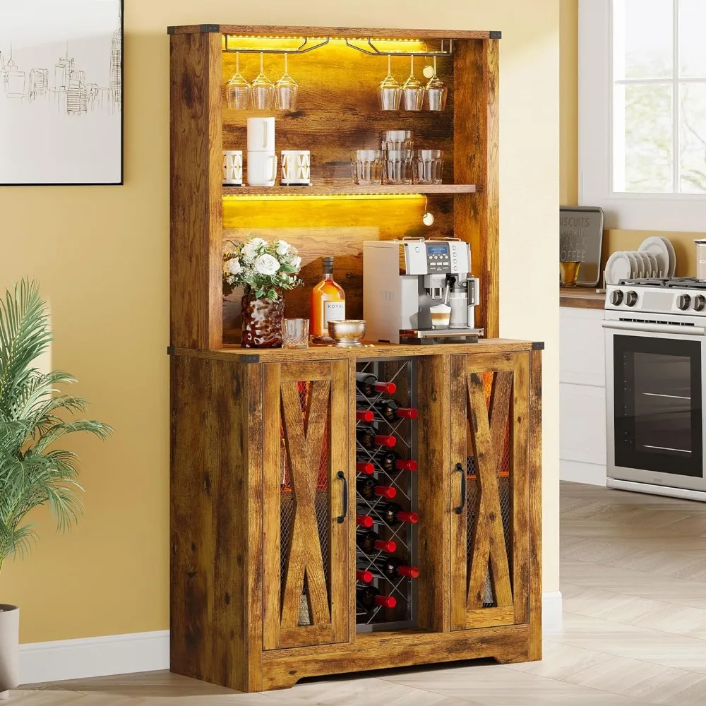 Armoire de bar à vin avec lumières LED, ferme française, armoire à café, étagères réglables, armoire de rangement de cuisine, 65 po