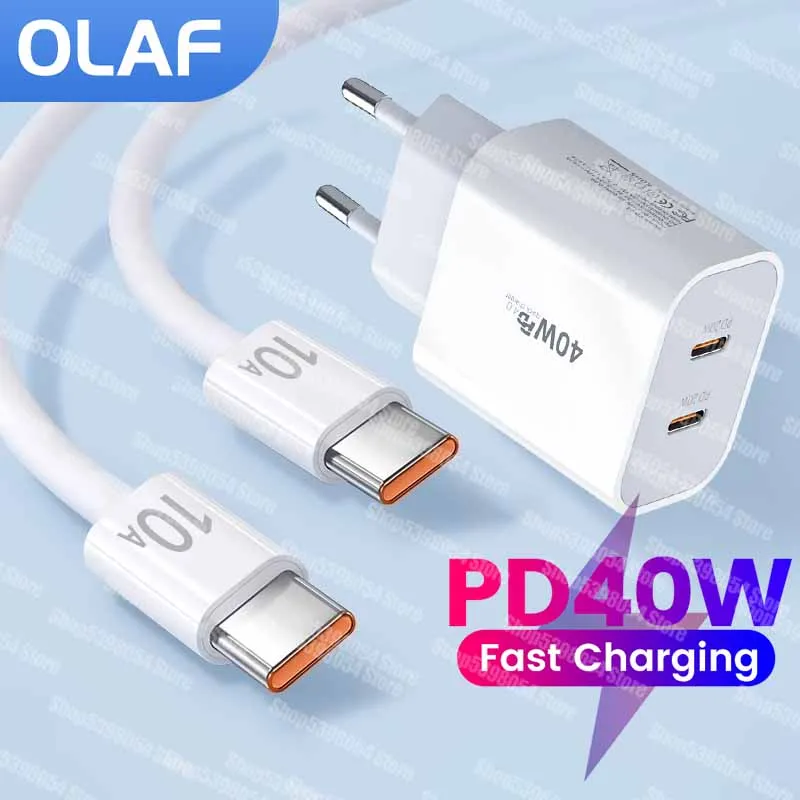 

40W Fast Charger 2 Ports USB Type C PD Charger QC3.0 Wall Charger Adapter For iPhone15 Samsung Xiaomi 10A Type C To Type C Cable