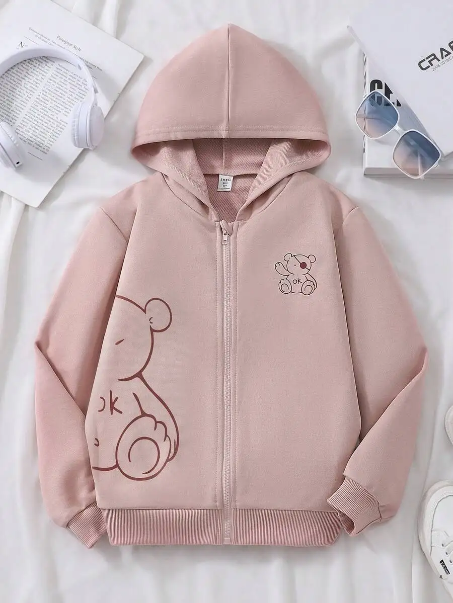 

Pink Zip-Up Hoodie with Cute Bear Outline Print for Kids