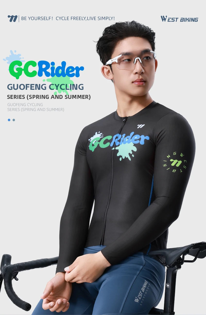 WEST BIKING Herren Fahrradtrikot Langarm Schnelltrocknend Atmungsaktiv Reflektierender Aufdruck Slim Fit Fahrradshirt Rennbekleidung Oberteil – Detail 1