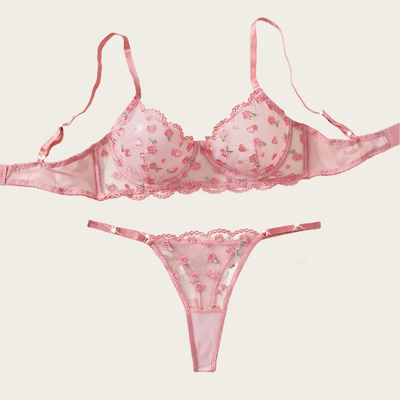

Elegant Sexy Lingerie Set Fairy Pink Gauze Underwear Beautiful Rose Embroidery Bra Kit Three-Point Intimate Sexy Female Lingerie
