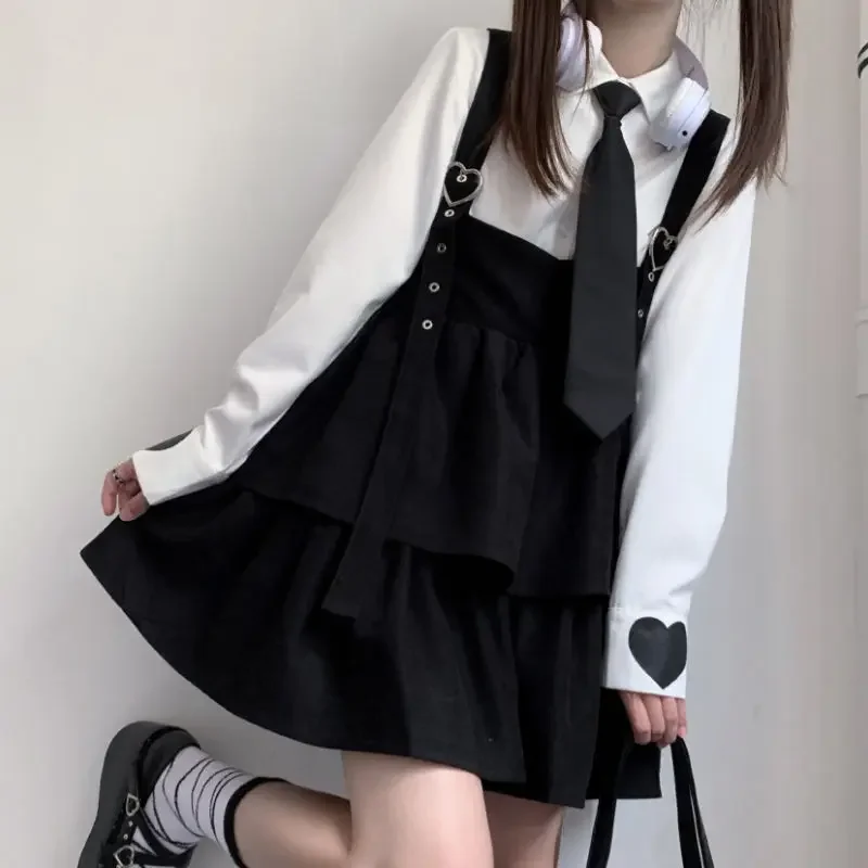 HOUZHOU Kawaii Black Lolita Dress Women Ruffle Layered Japanese Sleeveless Strap Cute Mini Dress Preppy Style School Sundress