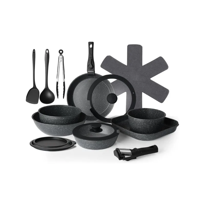 

20 Pcs Pots and Pans Set Non Stick, Stackable Cookware Sets with Detachable Handle, Granite Induction RV Kitchen Portable Cookin