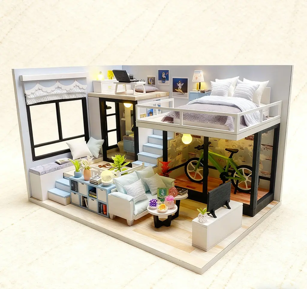 

Миниатюрный комплект для комнаты в стиле лофт своими руками - деревянный кукольный домик раннего лета с мебелью и светодиодной подсветкой | Изысканное здание ручной работы