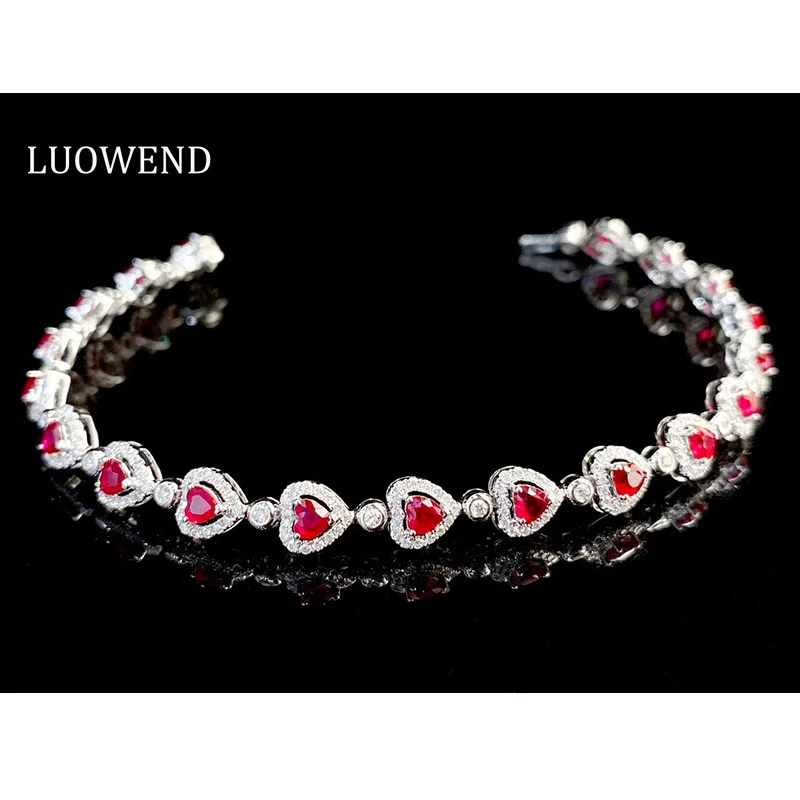 LUOWEND 18K White Gold Bracelet Romantic Heart Design Real Diamond Natural Ruby Bracelet for Women High Wedding Jewelry