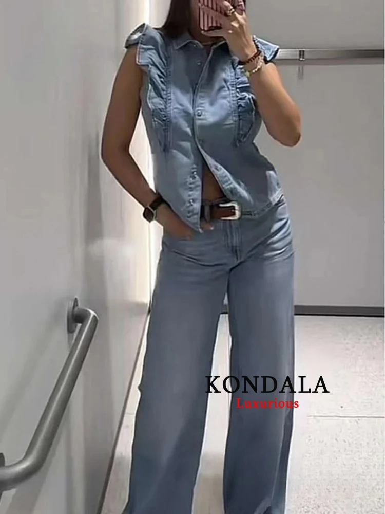 

KONDALA повседневный женский однотонный костюм, однобортный жилет с отложным воротником, свободные брюки с прямыми карманами, модные костюмы 2025 года