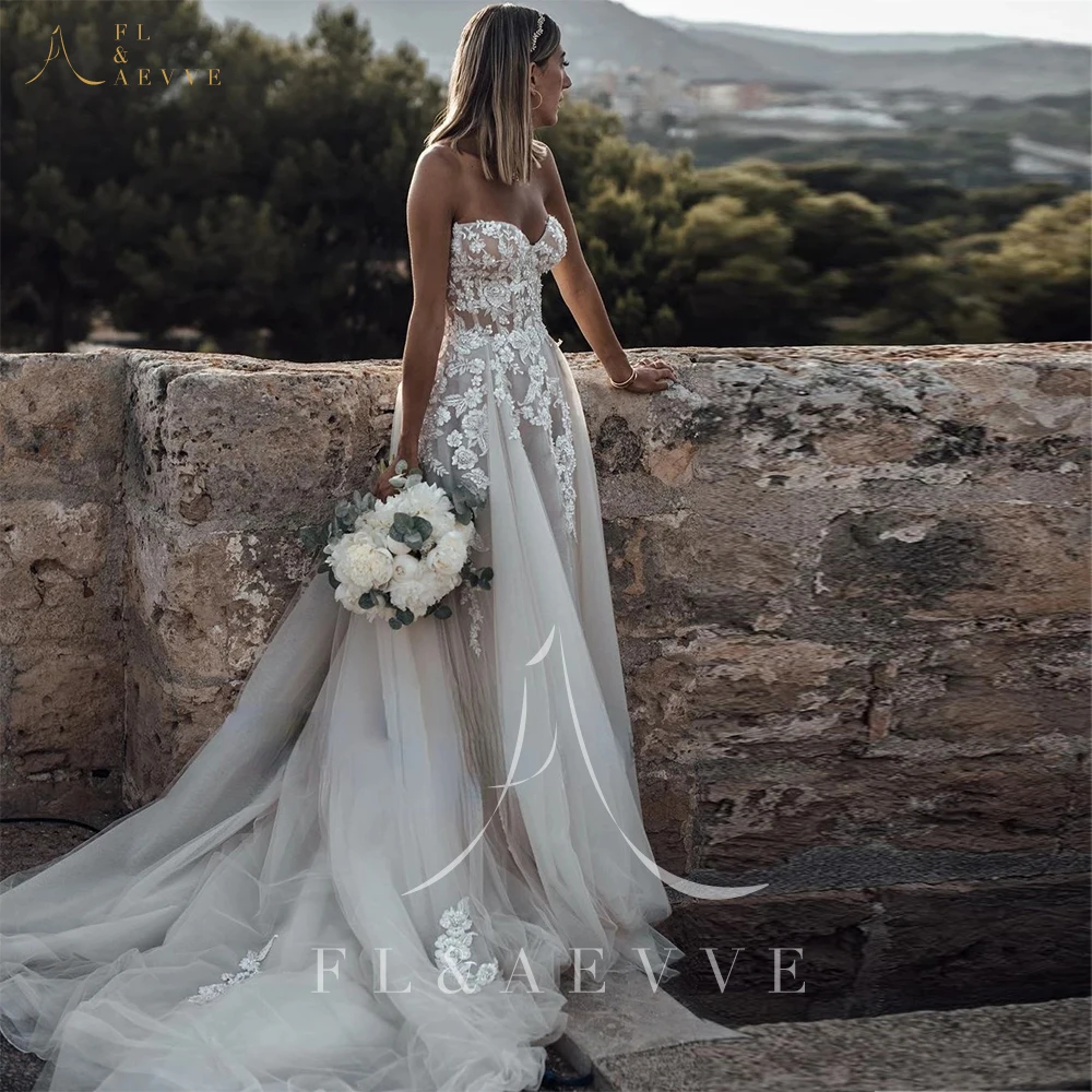 

Elegant Lace Strapless Wedding Dress Boho Featuring Stunning Lace Appliques and Flowy A-Line Silhouette Bridal Dress Customized