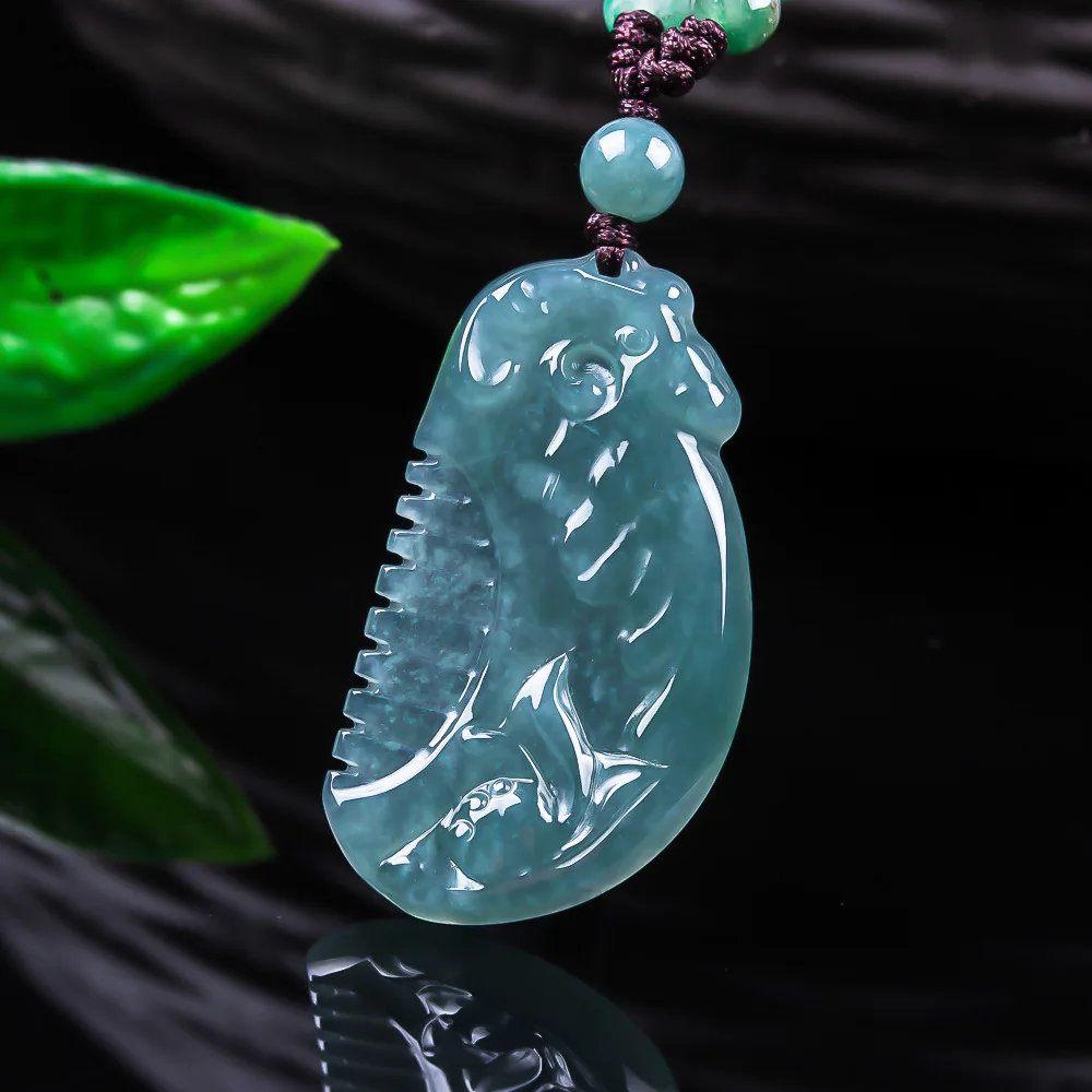 Myanmar Emerald Natural Jadeite Blue Water Comb Pendant Necklace Exquisite Carved Charm Jewelry Fashion Amulet Gifts Men Women