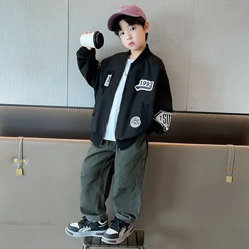Boys Baseball Jacket Spring Autumn 2026 Fashion Black Coat Trendy Casual Outerwear Kids Tops