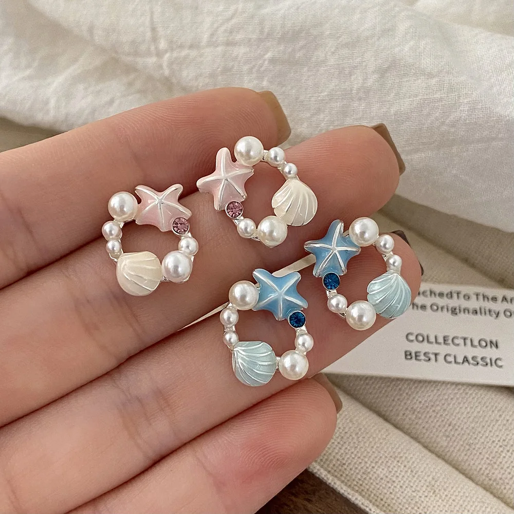 

Sweet Shell Starfish Pearl Stud Earrings for Women Fashion 925 Silver Needle Drip Glazed Jewelry Party Minimalist Accessories