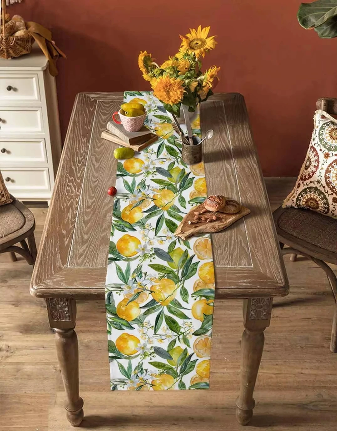 Spring Lemon Leaves Table flag Dresser Scarf Decor Summer Yellow Green Botanical Flower Table Runners Dining Table Decor