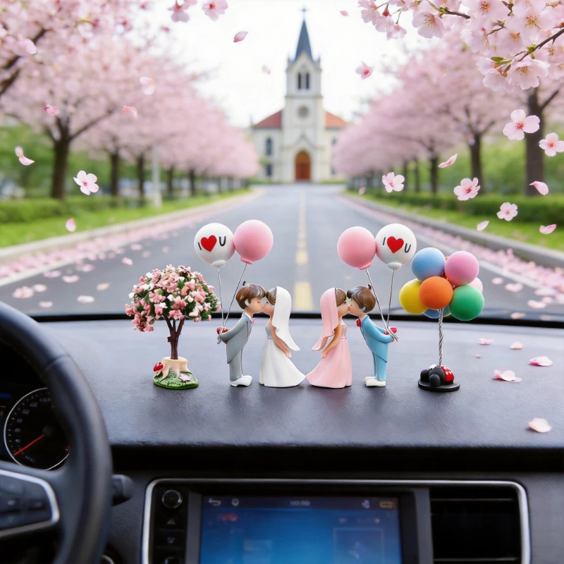 

Romantic couple car decorations, charming cartoon ornaments, balloon and wishing tree accessories, eco-friendly resin car decor.