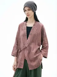 Vintage Tie Dye Wrinkled Ramie Fabric Kimono Women Wandering Style Tie Wrap Jacket
