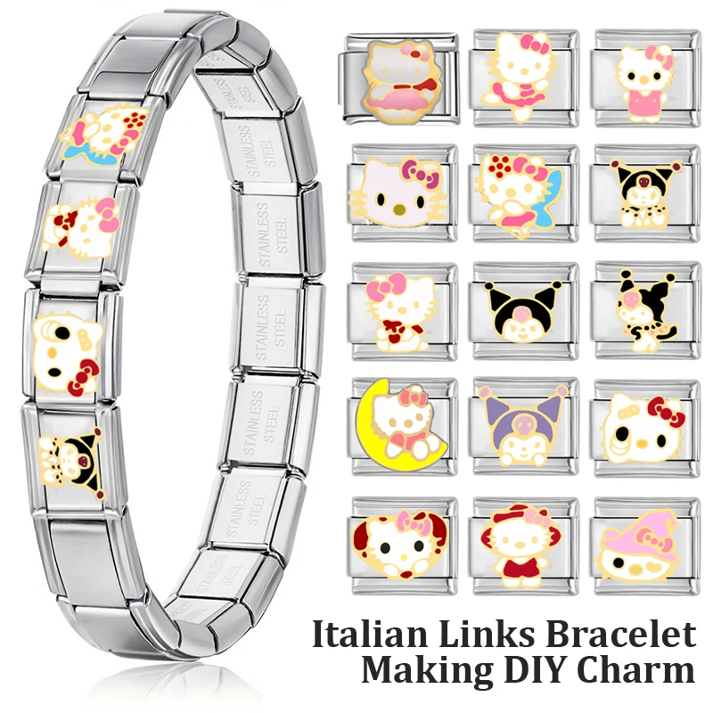 1PCS Kawaii Sanrio Hello Kitty Italiaanse Links Charms Cartoon KT Kat Kralen Charm 9mm Roestvrij Stalen Armband DIY Sieraden maken