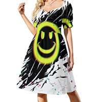 Smiley rave acid neon 80s 90s music emoji Short-Sleeved Dress women's evening dresses 2025 Dress women