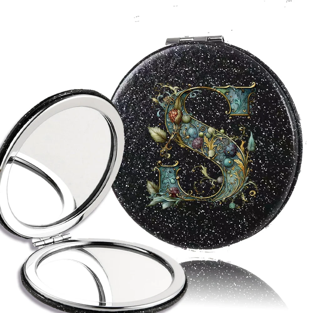 กระจกพกพาแบบพับได้ลายกราฟิกสไตล์จีน  วัสดุหนังกลิตเตอร์  สำหรับแต่งหน้าและพกพา
