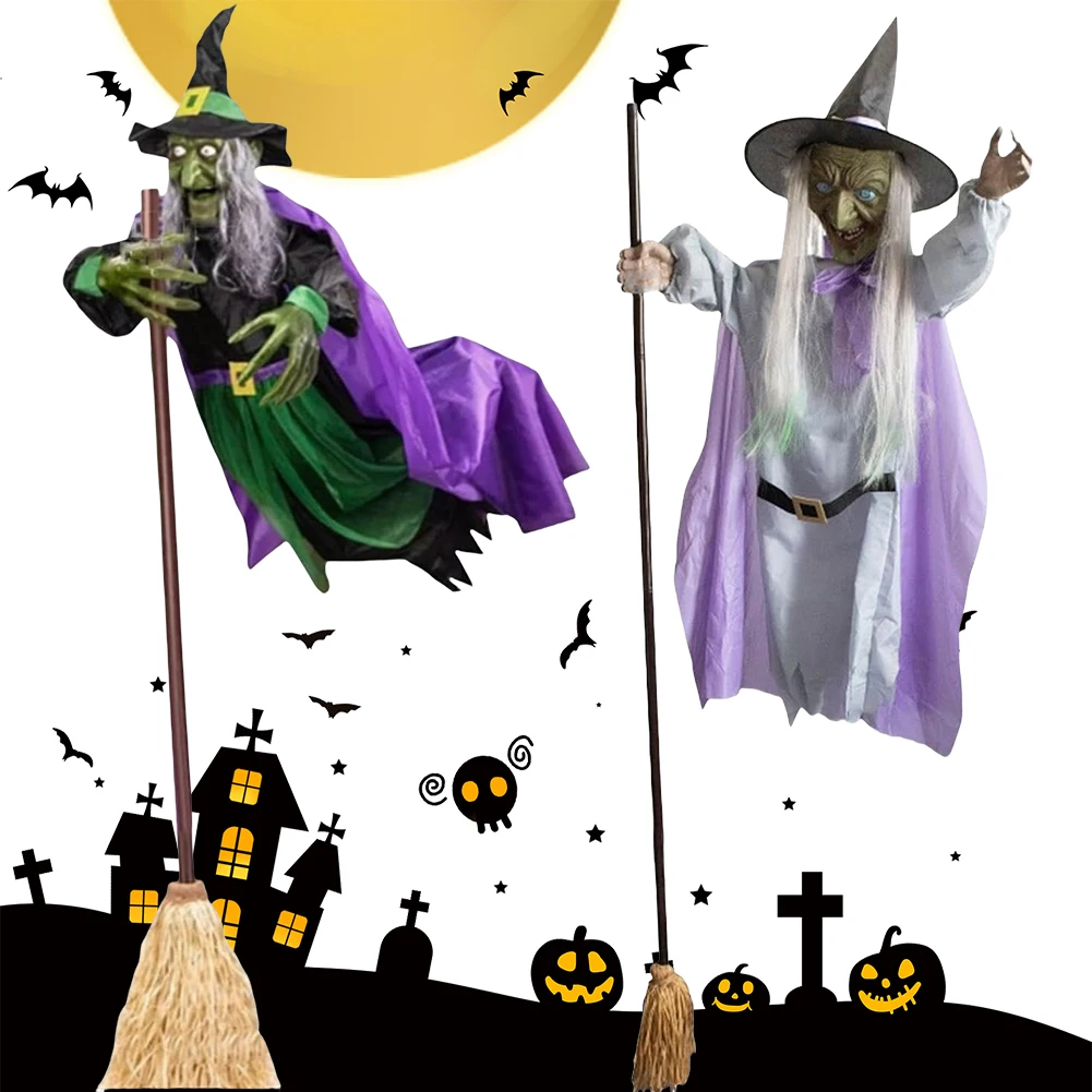 Halloween Flying Witch on Broom Decor with Luminous Eyes Animatronic Flying Witch 180cm Animated Witch Decor for Indoor Outdoor