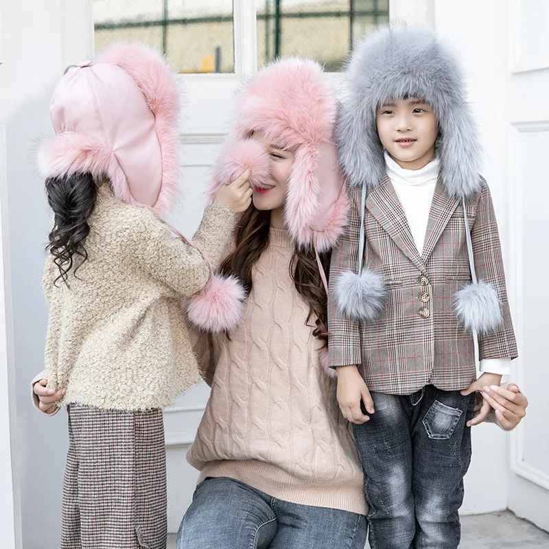 Children Fake Natural Fox Fur Hats Women Winter Windproof Thick Warm Ears  Hat Lady Soft Plush Fluffy Imitation Fur Cap