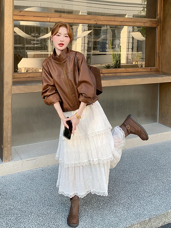 Giacca in Pelle PU Marrone con Colletto Alto Cé Brown, Nuova Collezione Primavera-Autunno 2025, Taglia Piccola, Super Snellente per Donna...