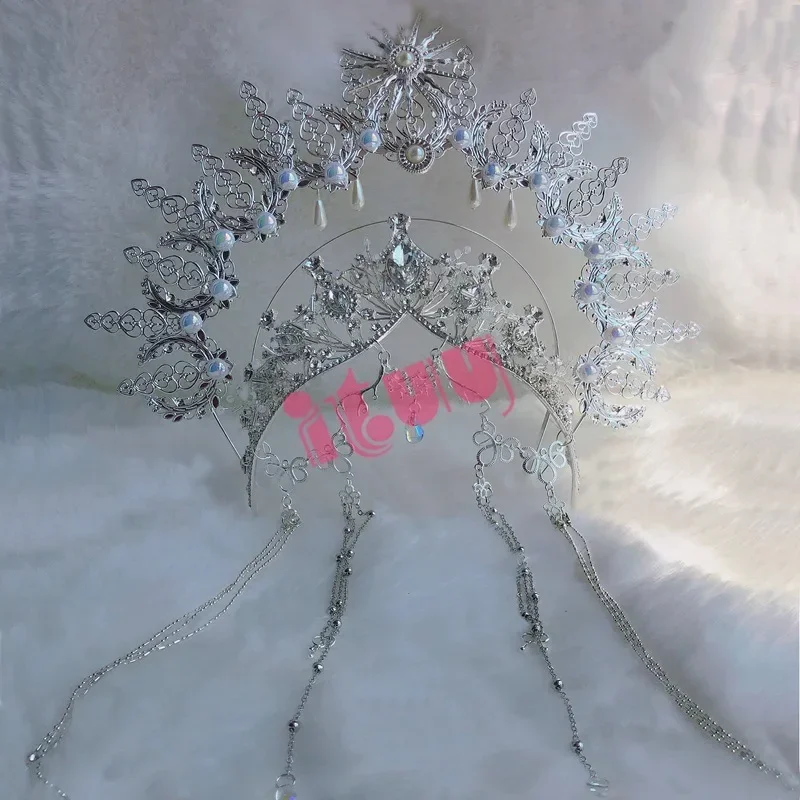 Handmade KC Silver Halo Crown Headdress Lolita Madonna Aperture Crown Headpiece Bead Chain Hair Hoop Tiara Hair Accessories
