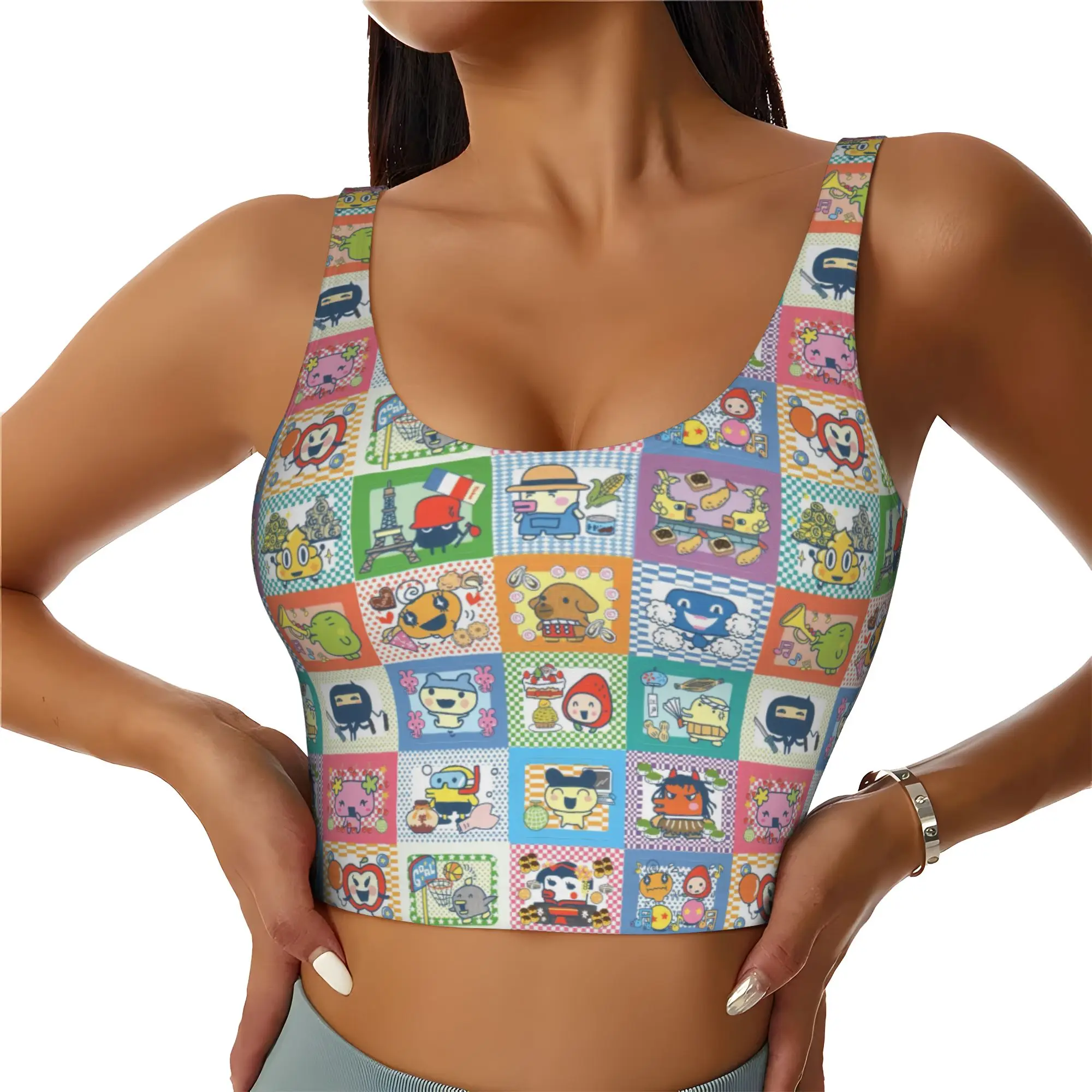 game-tamagotchianime-tops-cropped-de-treino-xadrez-para-mulheres-sutias-esportivos-sem-costura-com-estampa-de-desenho-animado-'feed-me'-para-yoga-e-corrida