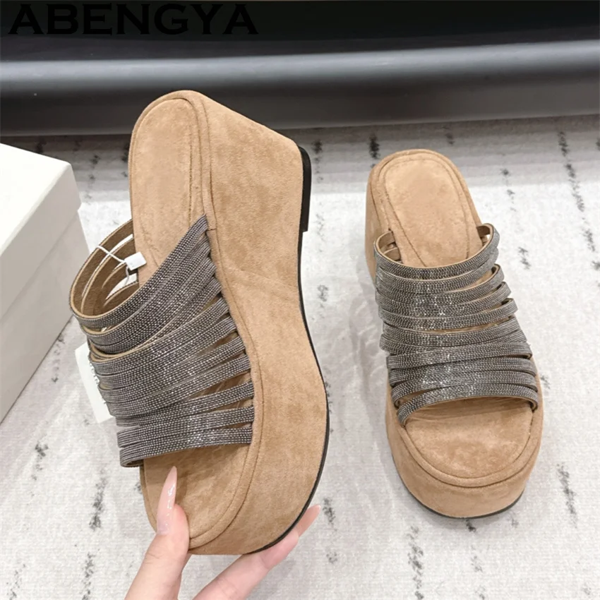 Shining Narrowband Thick Bottom Platform Slippers for Women 2026 Summer New Open Toe Casual Beach Shoes Fashion Mules Slippers