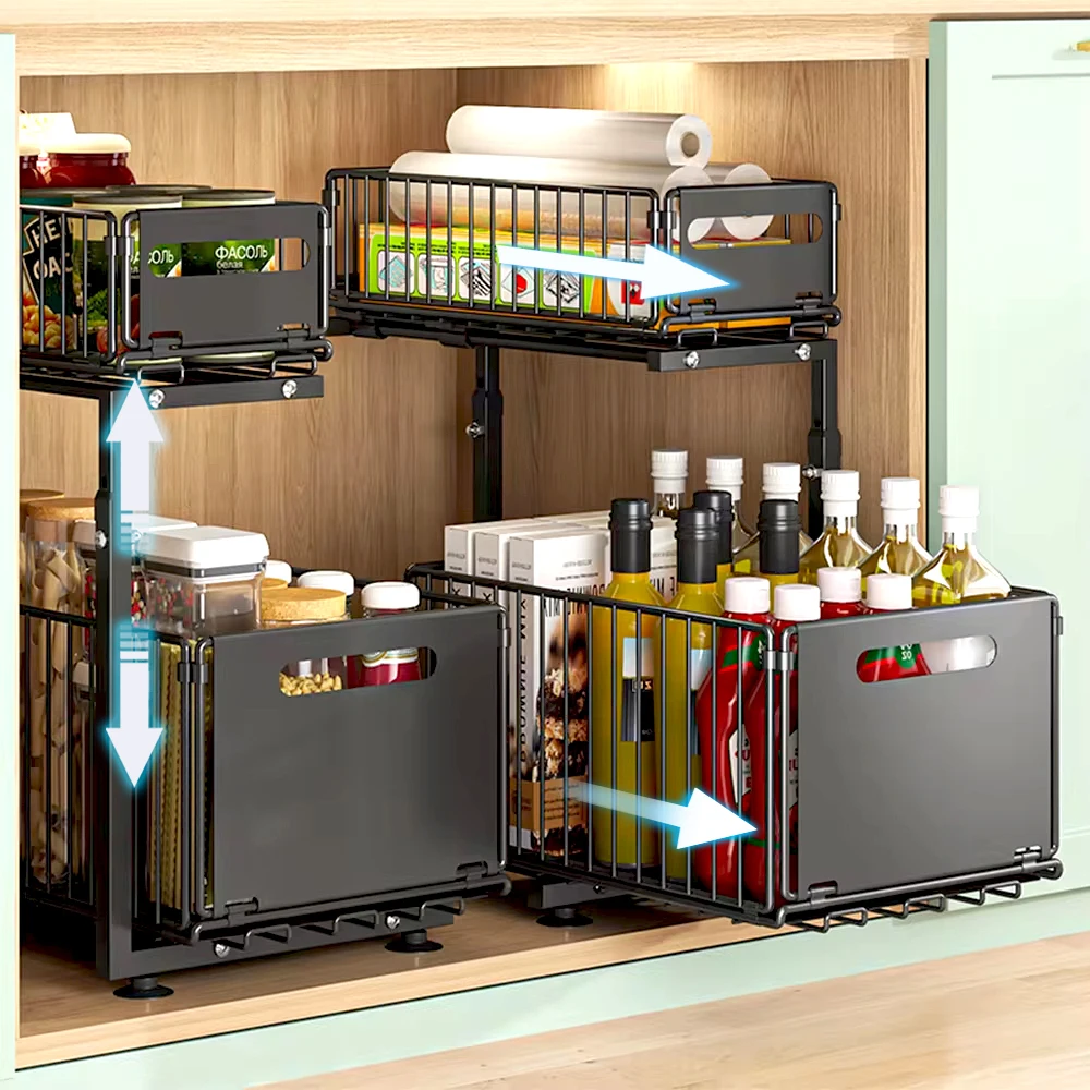 2 Tier Pull Out Under Sink Organizer Adjustable Height Kitchen Storage Rack Sliding Out Cabinet Organizer Drawers Spice Jar Rack