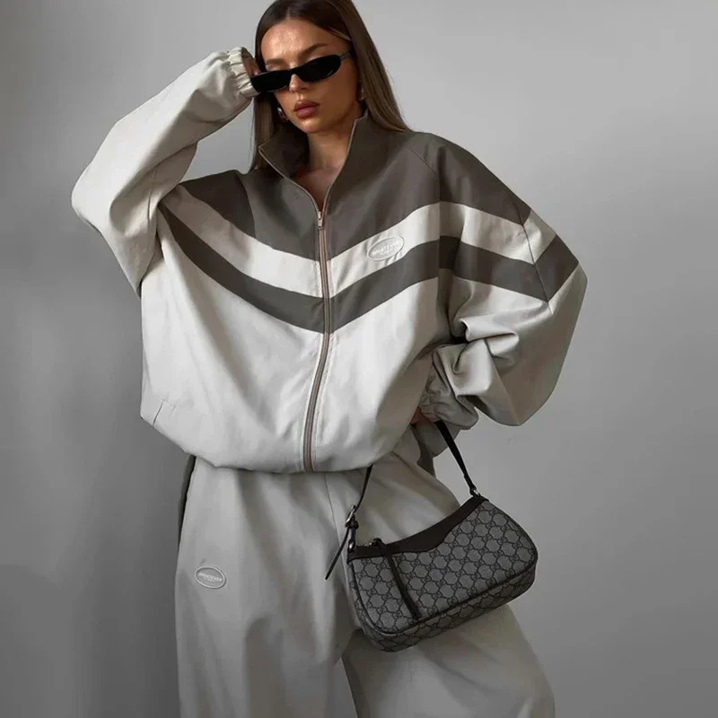 

Spring Autumn Street Jumper Two Piece Set Women Long Sleeve Zipper Jacket+Patchwork Hip-Hop Sports Pant Suit Loose Women Outfit