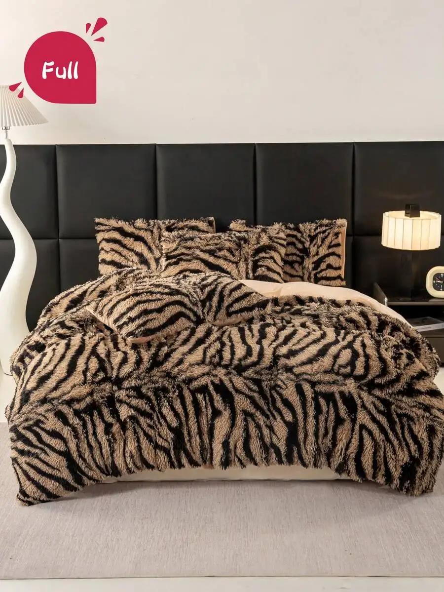 3pcs Zebra Print Animal Plush Shaggy Duvet Cover Set, Soft Fluffy Fuzzy Bedding Set, Skin-Friendly Warm Cozy Easy-Care Design, S