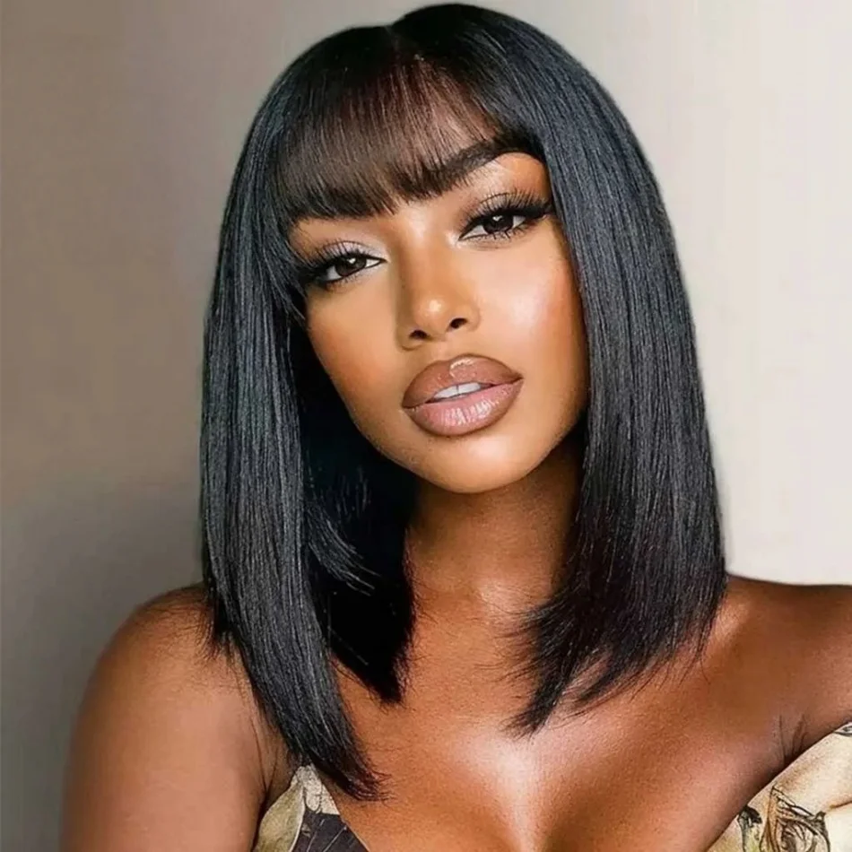 

Прямые короткие парики-боб из натуральных волос с челкой, полностью машинной работы, с кружевной вставкой 3x1, с центральным пробором, для чернокожих женщин