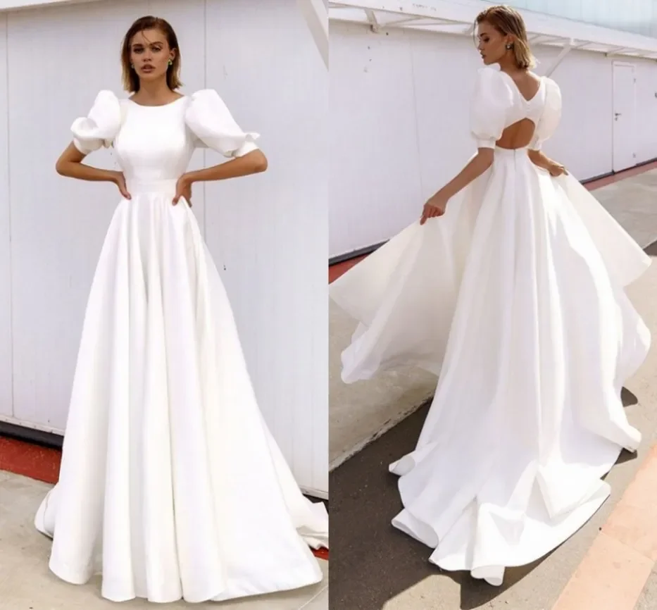 Einfaches Hochzeits kleid Strand kurz sexy rücken frei Rundhals ausschnitt Puff ärmel A-Linie Brautkleid Prinzessin neue vestido de novia