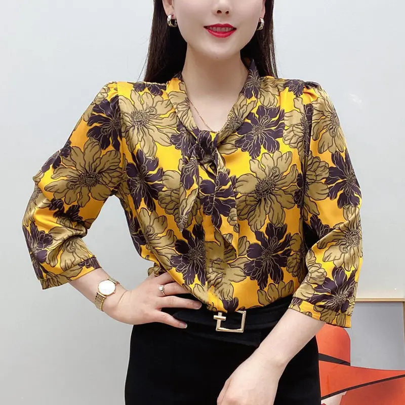 2024 Spring Summer Women\'s Clothing Fashion Floral Printed Bow Blouses Casual Loose Long Sleeve Chiffon Shirts Blusas Para Mujer