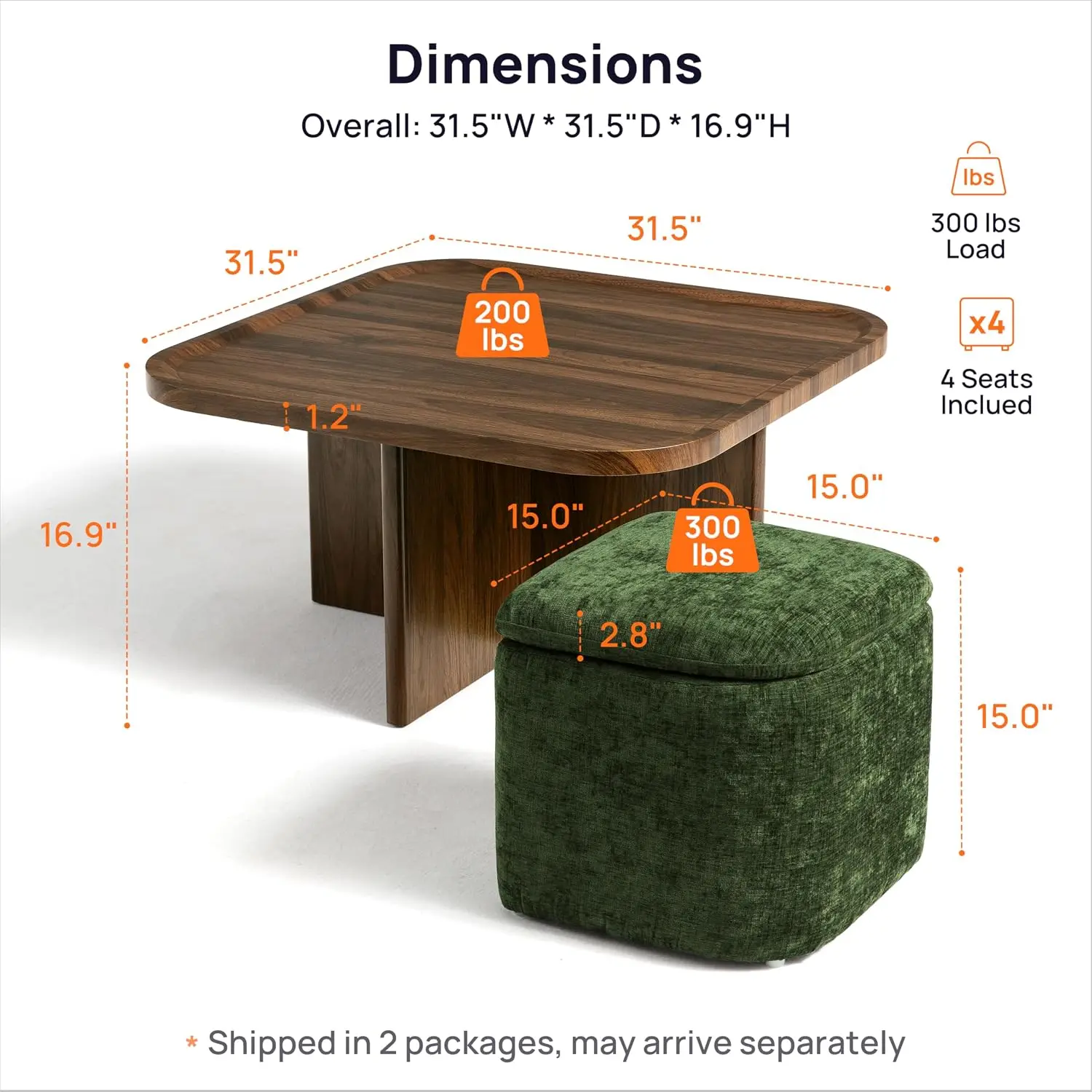 Square Coffee Table With 4 Storage Ottoman Stools Underneath, Customized
