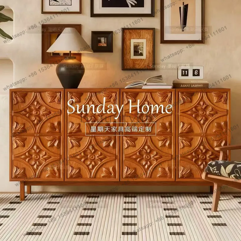 Factory Direct Medieval Wood Color Carved Bucket Cabinet Italian Premium Light Luxury Dining Side Cabinet