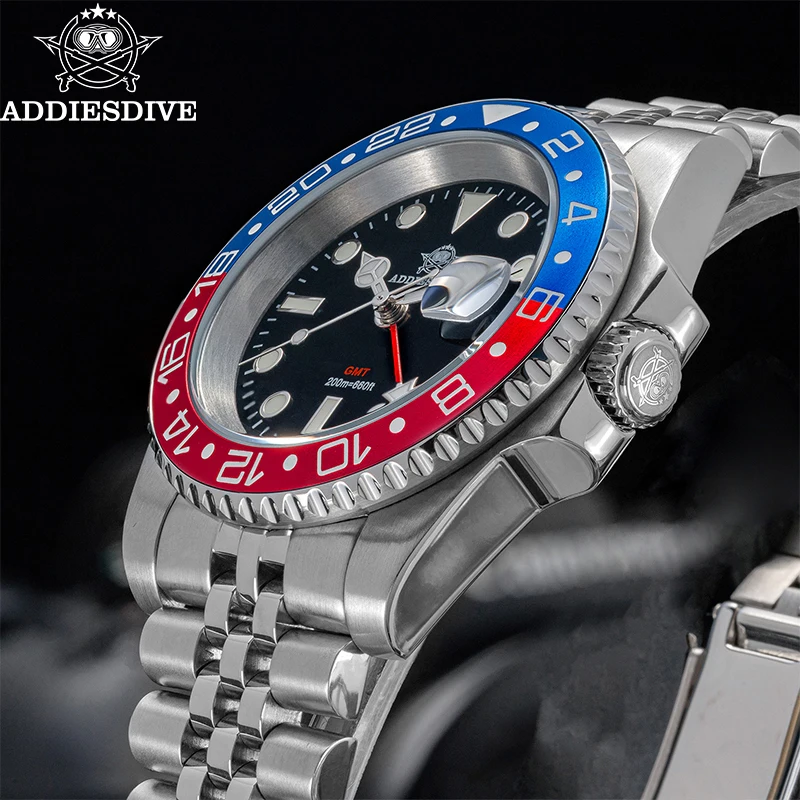 ADDIESDIVE 39Mm GMT Jam Tangan Pria Baja Tahan Karat BGW9 Jam Tangan Kuarsa Super Bercahaya Jam Tangan Kaca Cermin Gelembung AD2035 Reloj Hombre