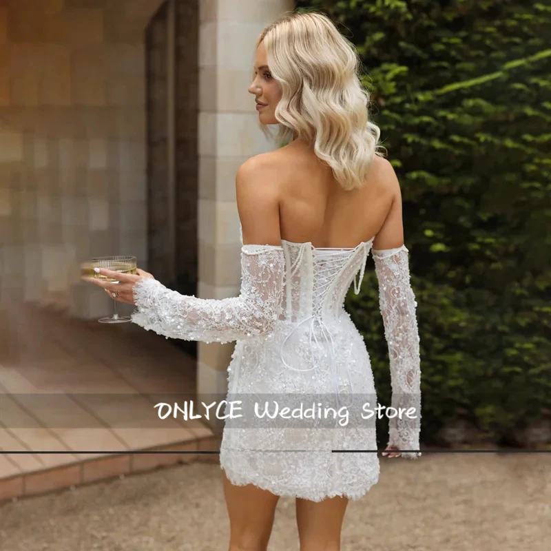 

Popular Sheath Wedding Party Dress With Sequin Pearls Beading Lace Short Bridal Gown Detachable Sleeves vestidos de novia