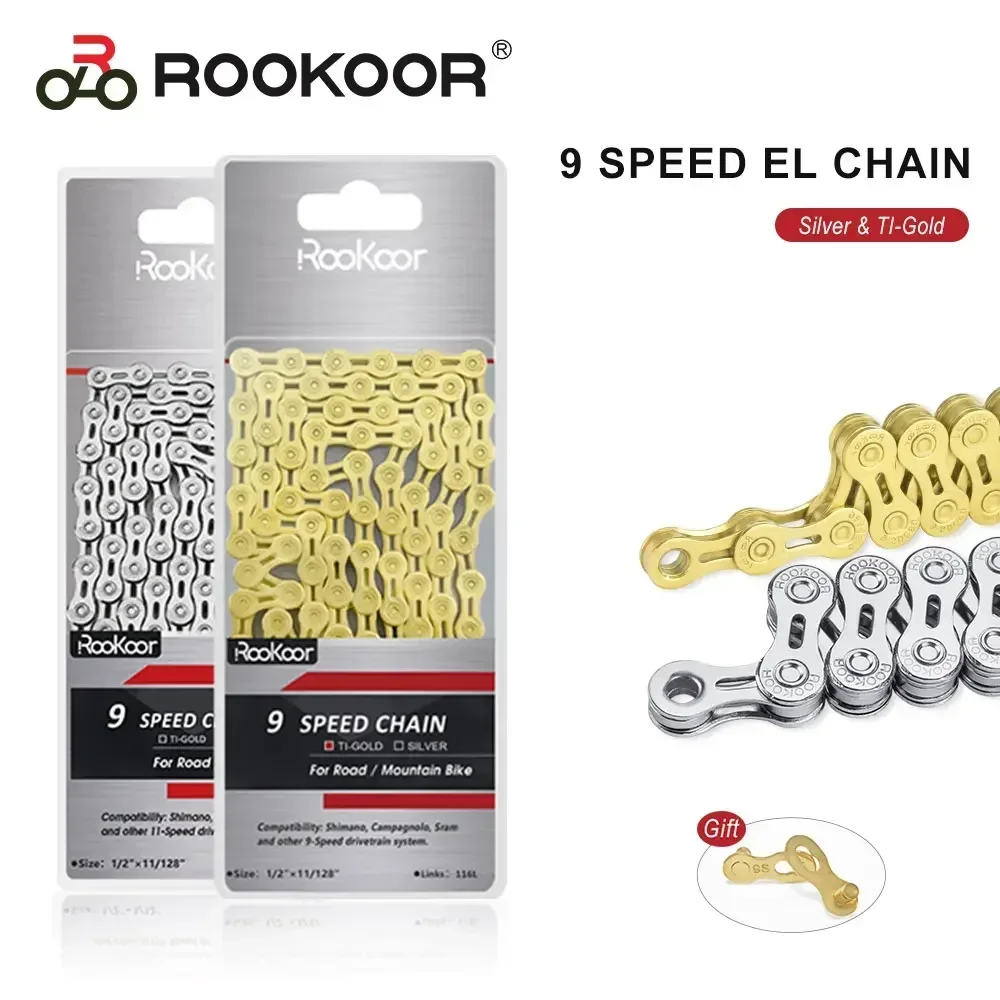 Rookoor Mountain Road Bike 9 Speed Chains MTB 116L Cycling Hollow 9S Titanium Plated Gold Silver Bike Chain Bicycle Accessories