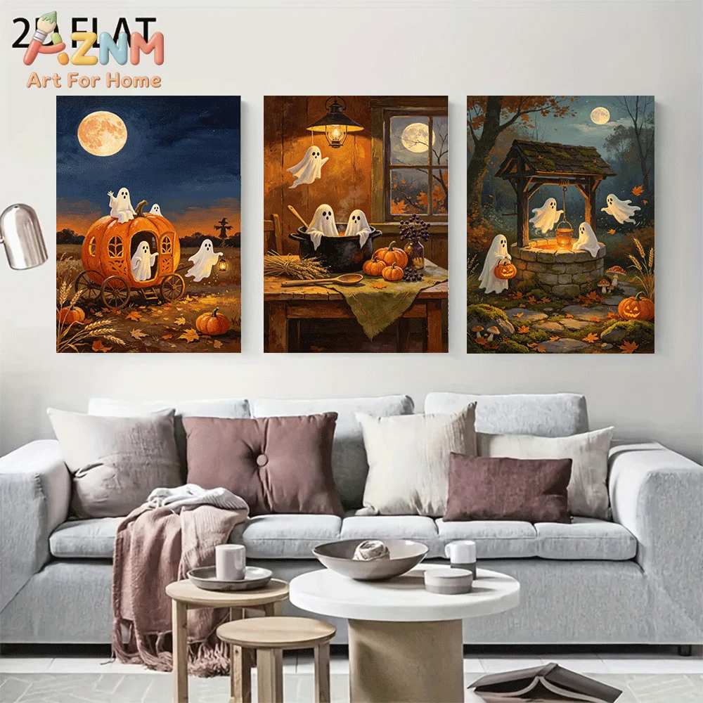 AZNM Frameless Canvas Wall Art, Vintage Halloween Print, Cute Ghost Pumpkin Carriage Moon Night Wishing Well Art Poster for Livi