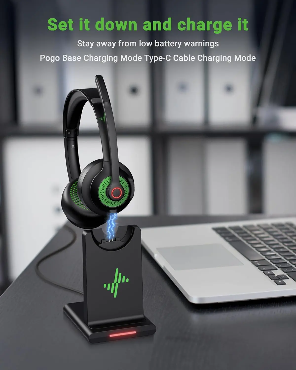 JIAMQISHI EH02P Wireless Headset with Charging Base AI Noise Cancelling Microphone Headphones Bluetooth V5.2 with USB Dongle - view 2