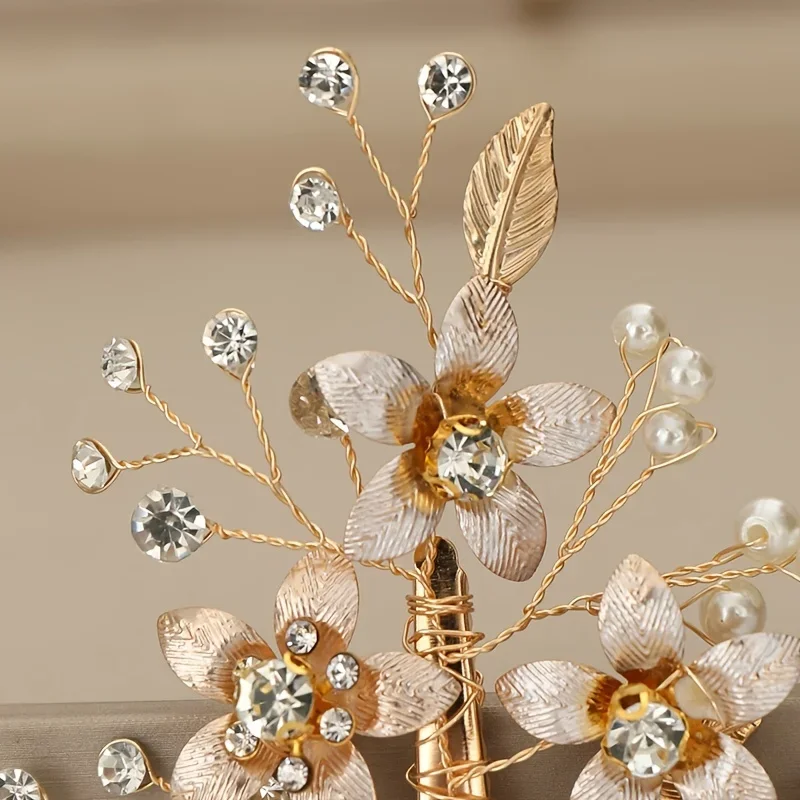 Golden Flower Bride Hair Clip Barrettes Fashion Hair Accessories Wedding Hair Jewelry Pearl Rhinestone Hairpins Women Headpiece image 5