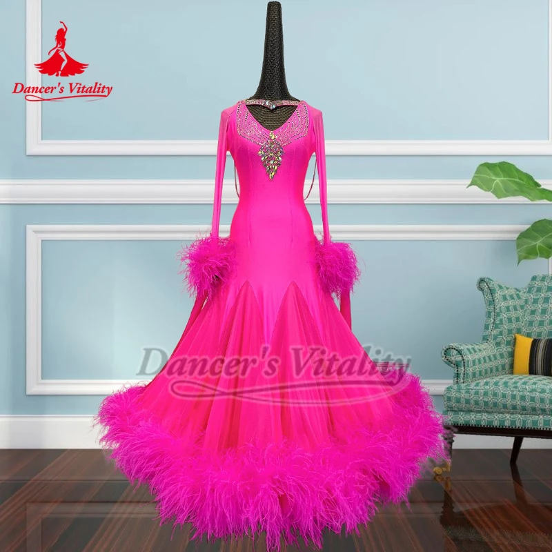 Ballroom Dance Rose Color AB Stones Perform&Contest Dresses Dancer's Vitality Adult Women Waltz Sexy Backless Outfit Customized