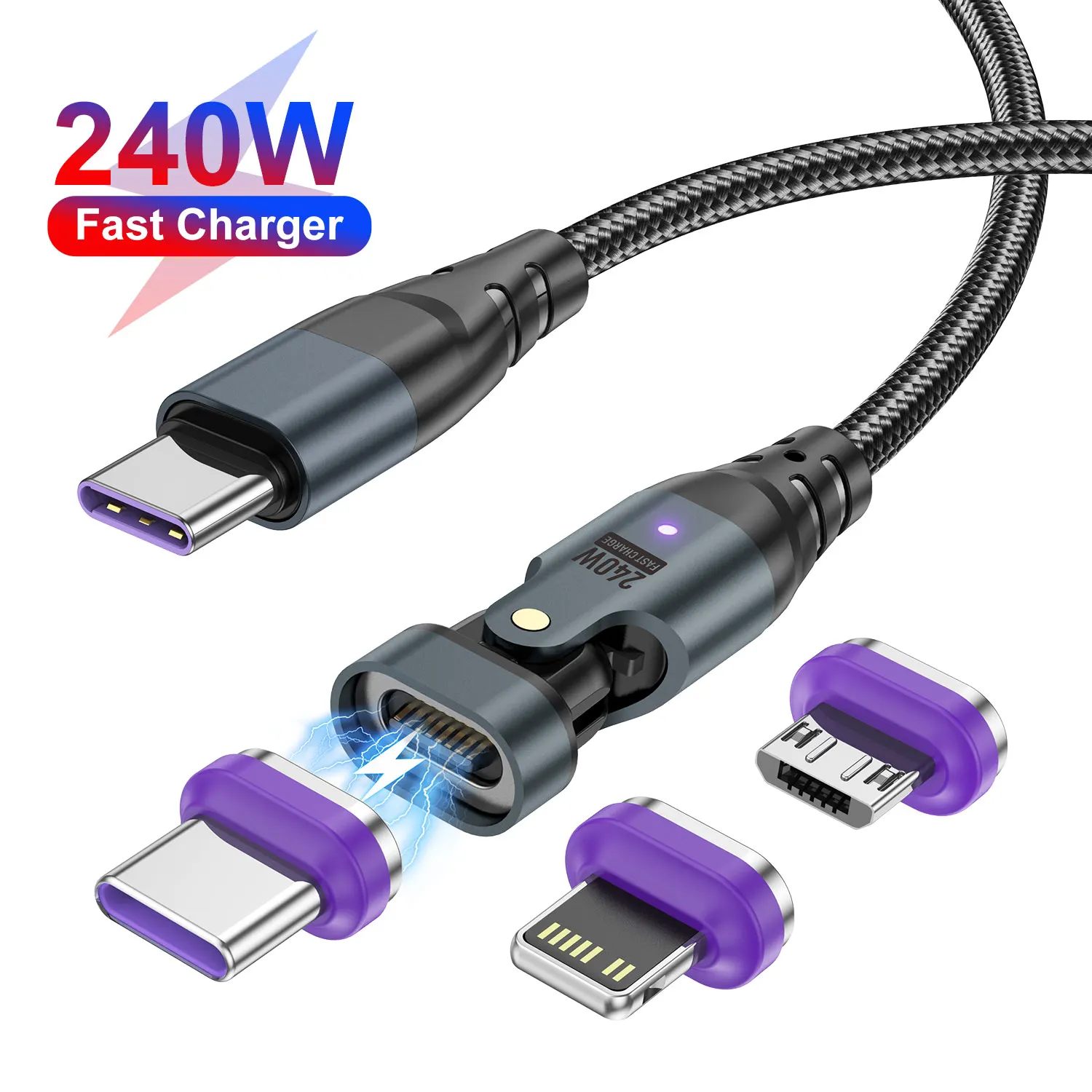 240W 540° Rotation Magnetic Fast Charging Cable USB C to Type C Cable for iPhone 15 Pro Max Xiaomi 14 Pro PD USB C Data Cord